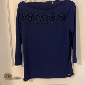 Tahari  navy boatneck top with crochet detail